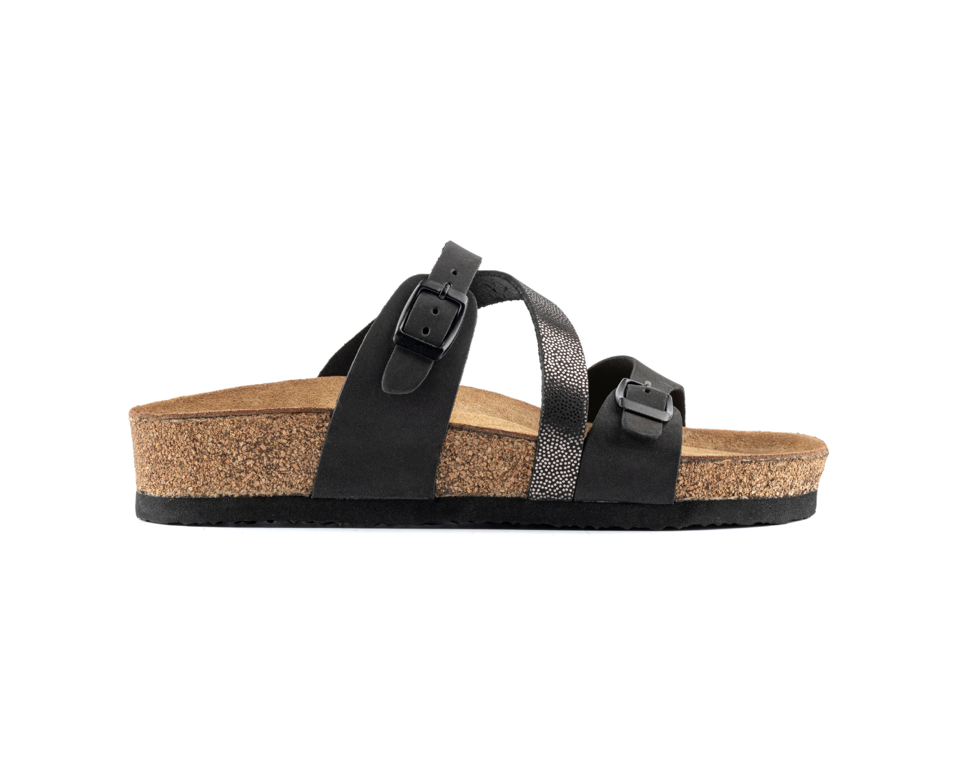 Polly- Natural Cork- Printed Leather- Nubuck- Silvery Black