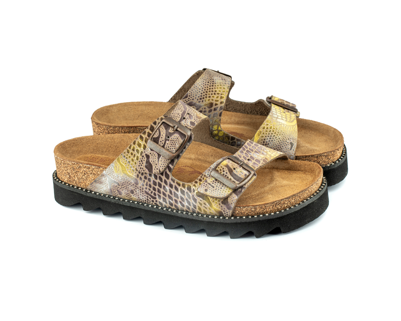 Maria Platform- Natural Cork- Printed Leather- Yellow Snake