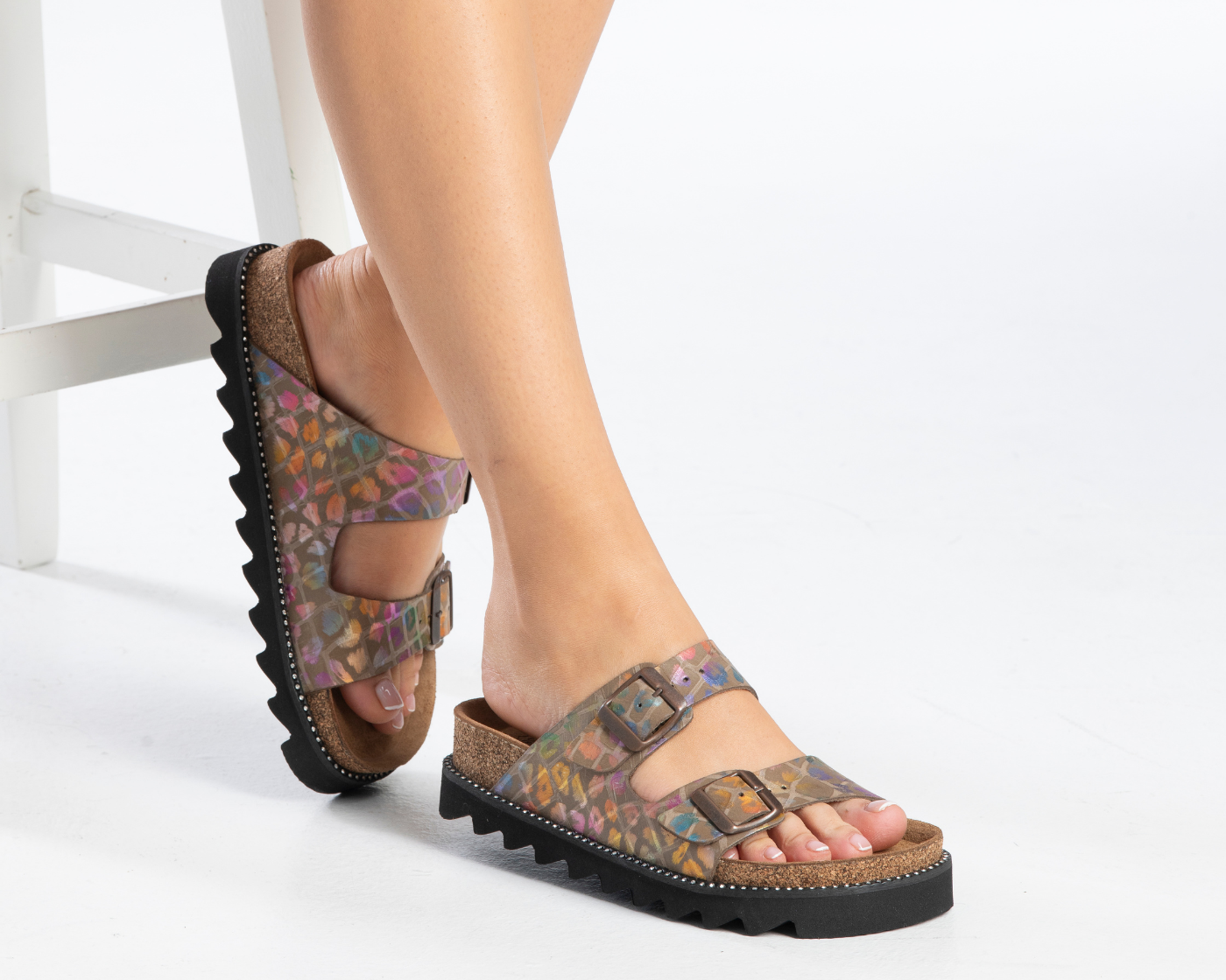 Maria Platform- Natural Cork- Printed Leather- Rainbow