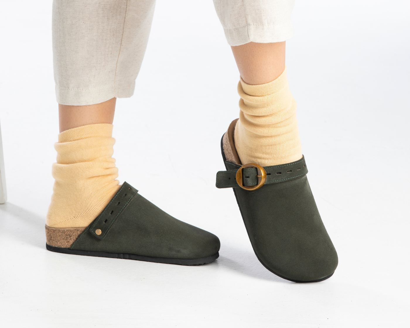 Mary Jane- Natural Cork- Suede Leather- Dark Green