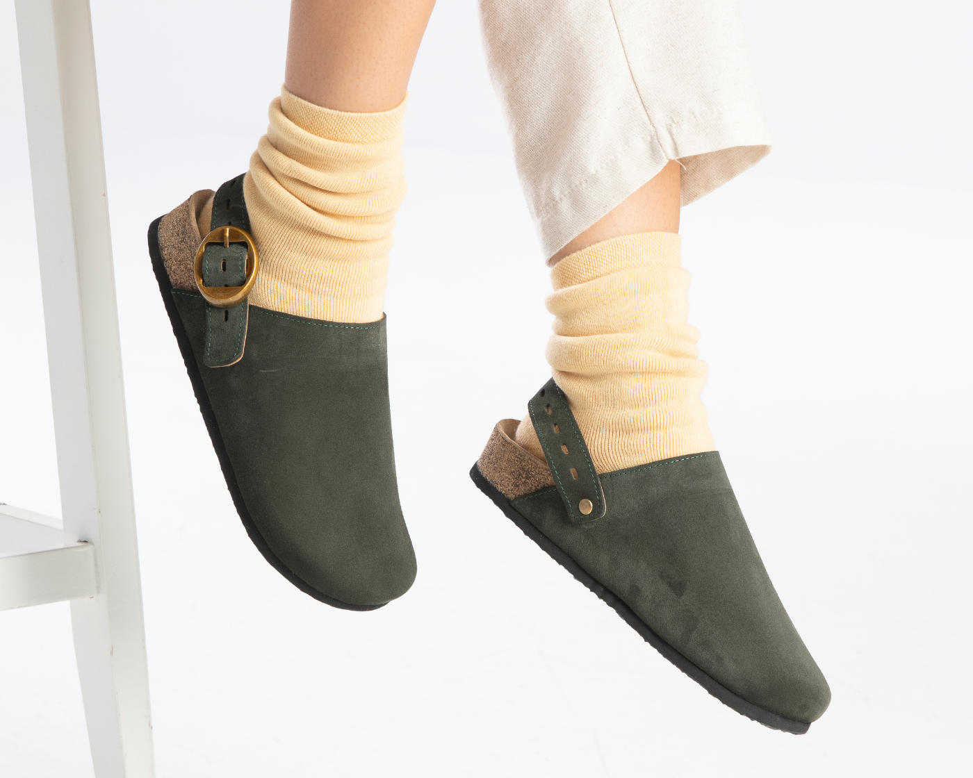 Mary Jane- Natural Cork- Suede Leather- Dark Green